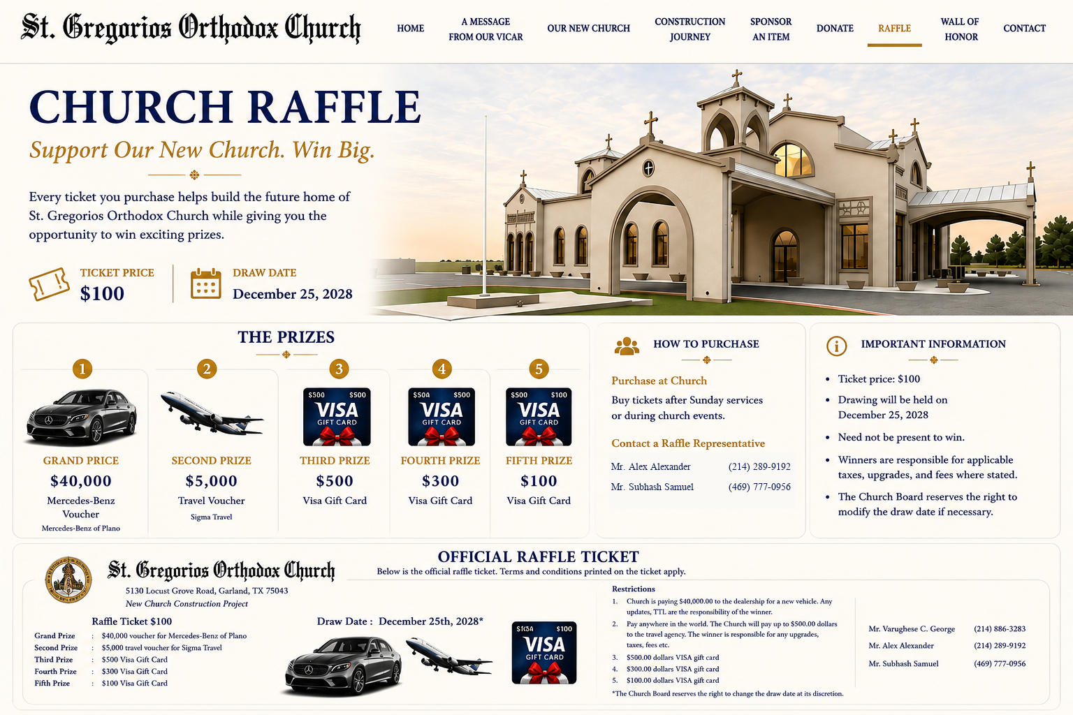Church Raffle: Support Our New Church, Win Big. Ticket price $100. Draw date December 25, 2028. Grand prize $40,000 Mercedes-Benz voucher, second prize $5,000 travel voucher, and Visa gift card prizes.